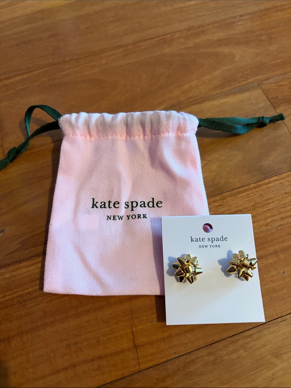kate spade Gold Bow Stud Earrings with Pink Pouch